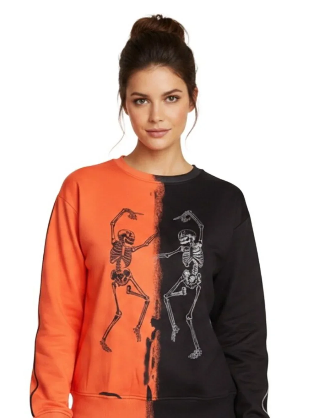 Dancing Skeletons Spray Paint Colorblock Oversized Halloween Pullover Sweatshirt